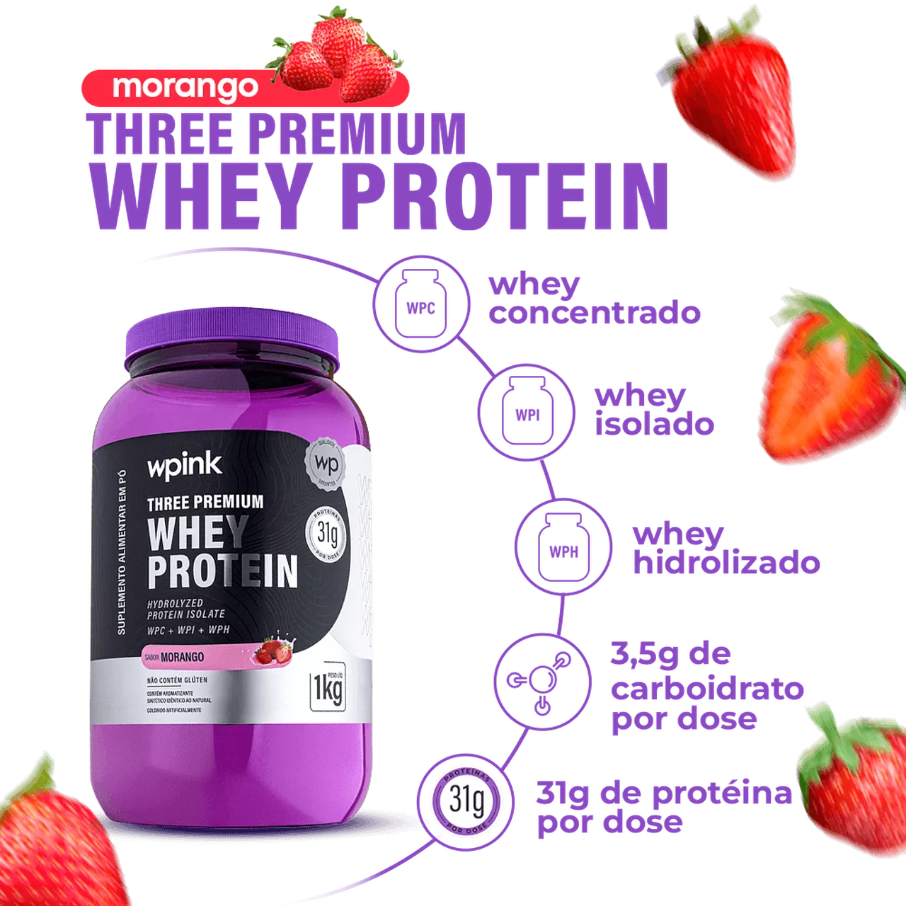 three premium whey protein morango 3W - (1kg) - Imagem 2